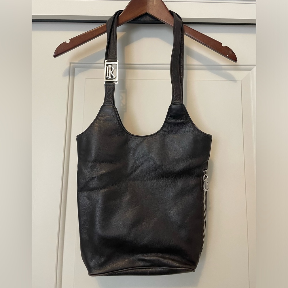 Vintage Ralph Lauren Black Leather Bucket Bag Purse Hobo Bag Tote